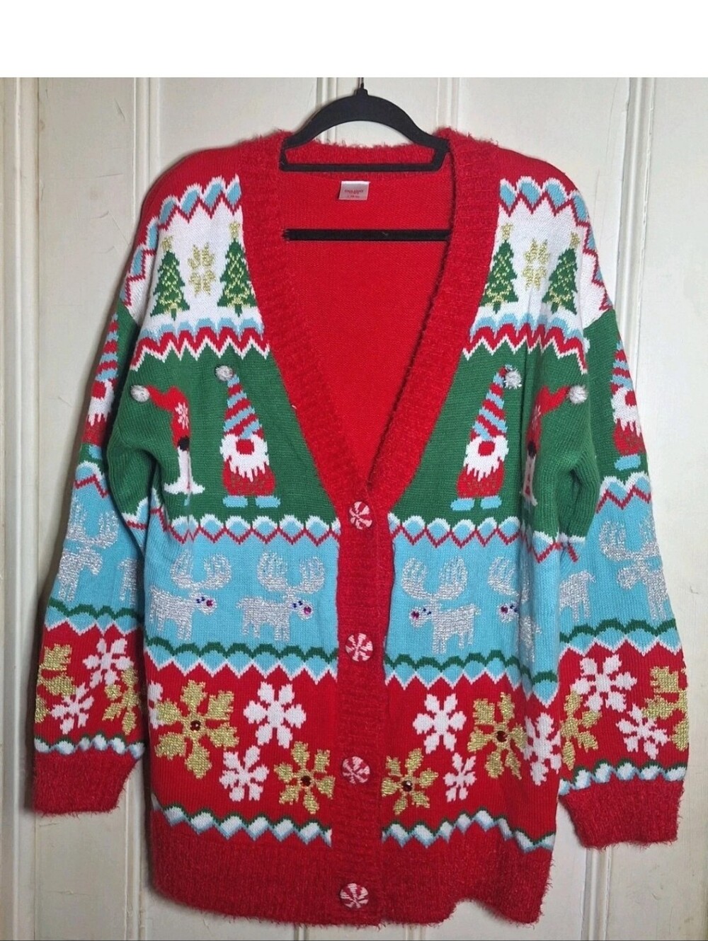 Holiday Time Women's Ugly Christmas Sweater Cardigan Metallic Size L Relaxed
